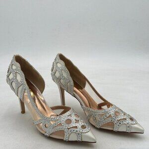 XYD Silver Women Pointy Toe Crystal Studded Bridal Pumps High Heel